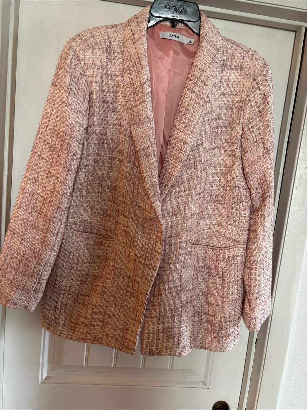 JustFab Pink Tweed Single-Button Blazer